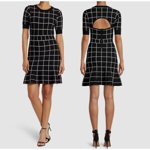 Milly Womens Black White Plaid Dress Sz XL Academia Preppy Open Back Windowpane